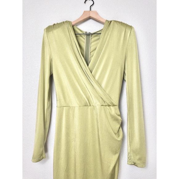 Bronx and Banco Olive Maxi Dress 6 Metallic Padded Shoulder Vneck Slit Surplice - Picture 4 of 12